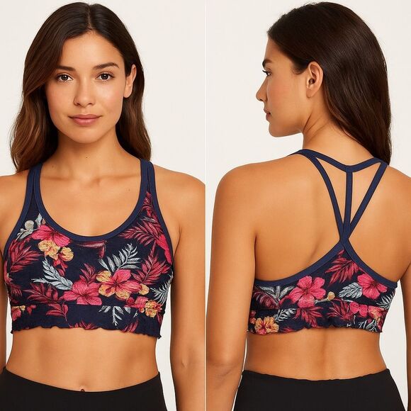 PINK Victoria’s Secret Tropical Floral Lace Racerback Bralette Blue Multi Size S - Picture 1 of 5